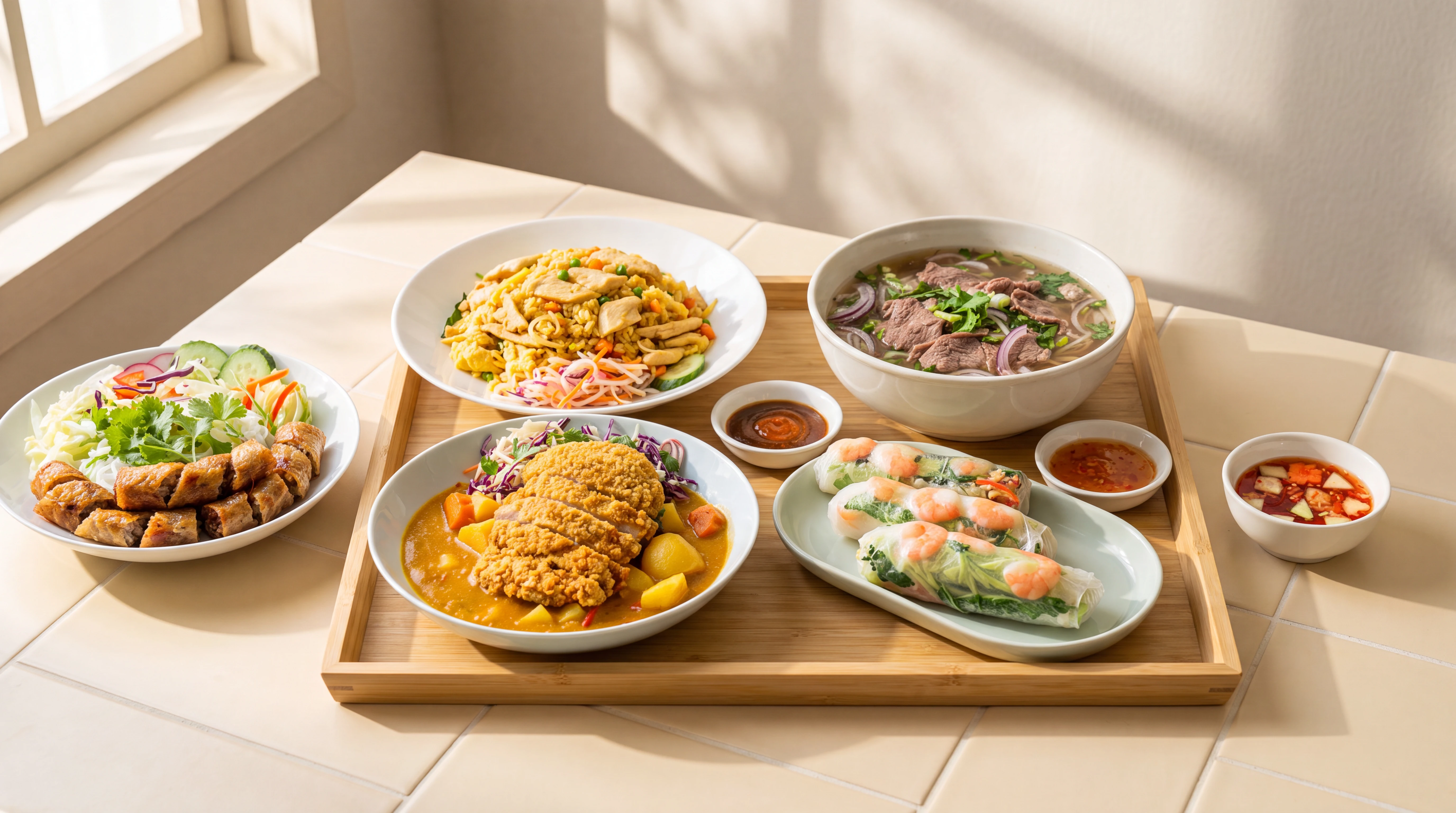 Tác plný jídel bistra Daki — bun bo, pho, závitky a katsu kari